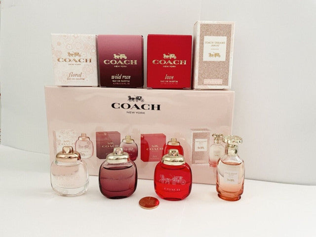 COACH NEW YORK 4 PCS MINI SET FOR WOMEN: FLORAL 4.5 ML EAU DE PARFUM + WILD ROSE 4.5 ML EAU DE PARFUM + LOVE 4.5 ML EAU DE PARFUM + DREAMS SUNSET 4.5 ML EAU DE PARFUM