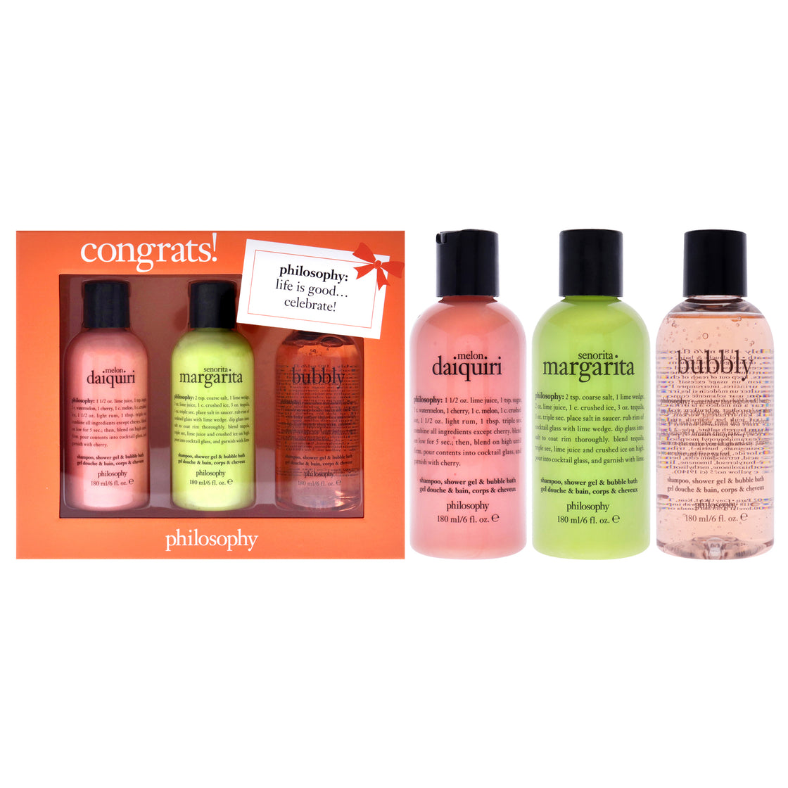 Congrats Set by Philosophy for Women - 3 Pc 6oz Shampoo and Shower Gel and Bubble Bath - Senorita Margarita, 6oz Shampoo and Shower Gel and Bubble Bath - Melon Daiquiri, 6oz Shampoo and Shower Gel and Bubble Bath - Bubbly