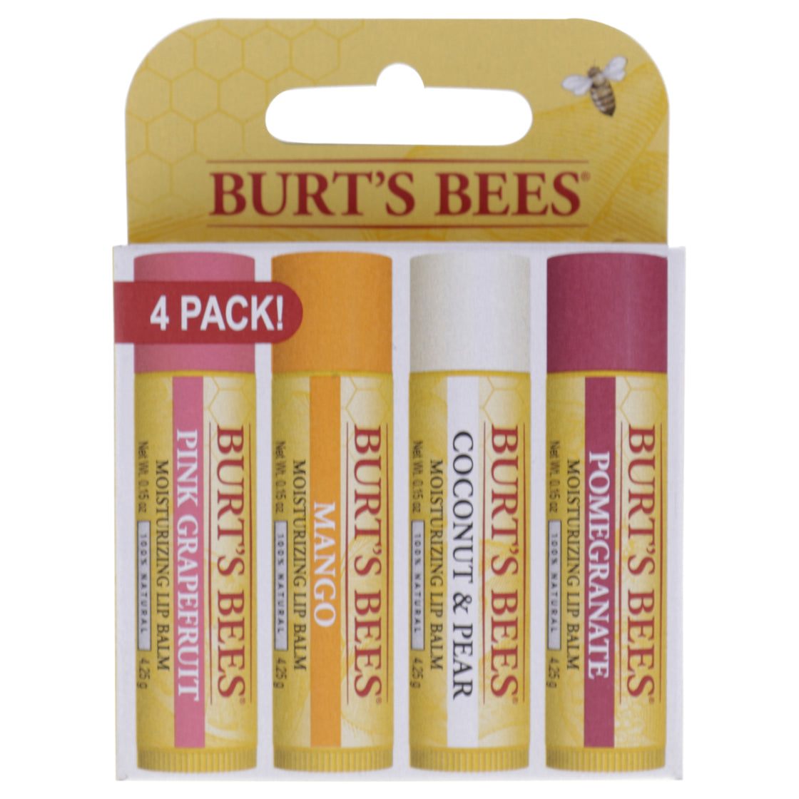 Superfruit Moisturizing Lip Balm Pack by Burts Bees for Unisex - 4 Pc 0.15oz Pomegranate Lip Balm, 0.15oz Coconut and Pear Lip Balm, 0.15oz Mango Lip Balm, 0.15oz Pink Grapefruit Lip Balm