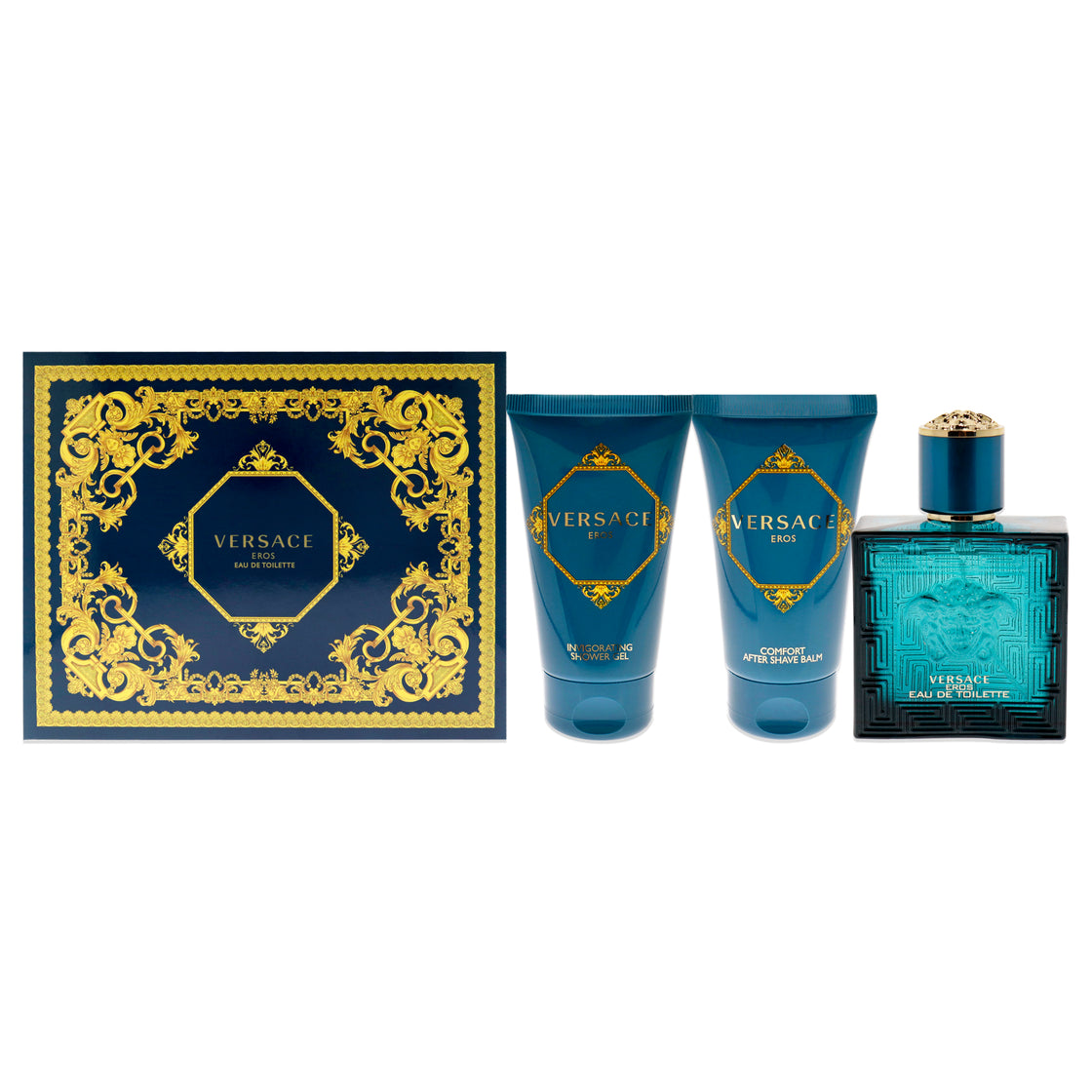 Versace Eros by Versace for Men - 3 Pc Gift Set 1.7 oz EDT Spray, 1.7 oz Comfort After Shave Balm, 1.7 oz Invigorating Shower Gel