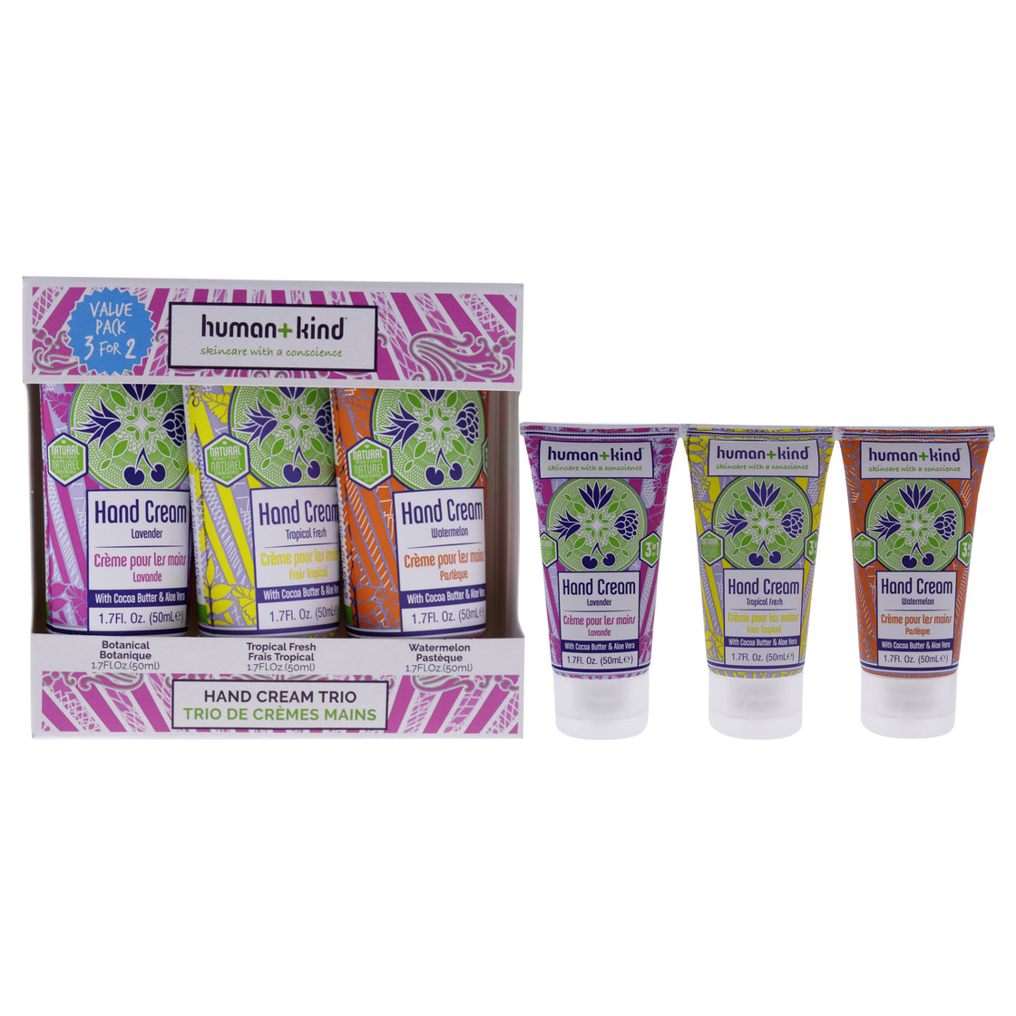 Hand Cream Trio by Human+Kind for Unisex - 3 Pc 1.7oz Hand Cream - Watermelon, 1.7oz Hand Cream - Tropical Fresh, 1.7oz Hand Cream - Lavender