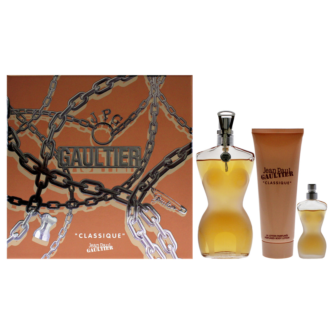 Classique by Jean Paul Gaultier for Women - 3 Pc Gift Set 3.4 oz EDT Spray, 0.2oz EDT Spray, 2.5oz Perfumed Body Lotion