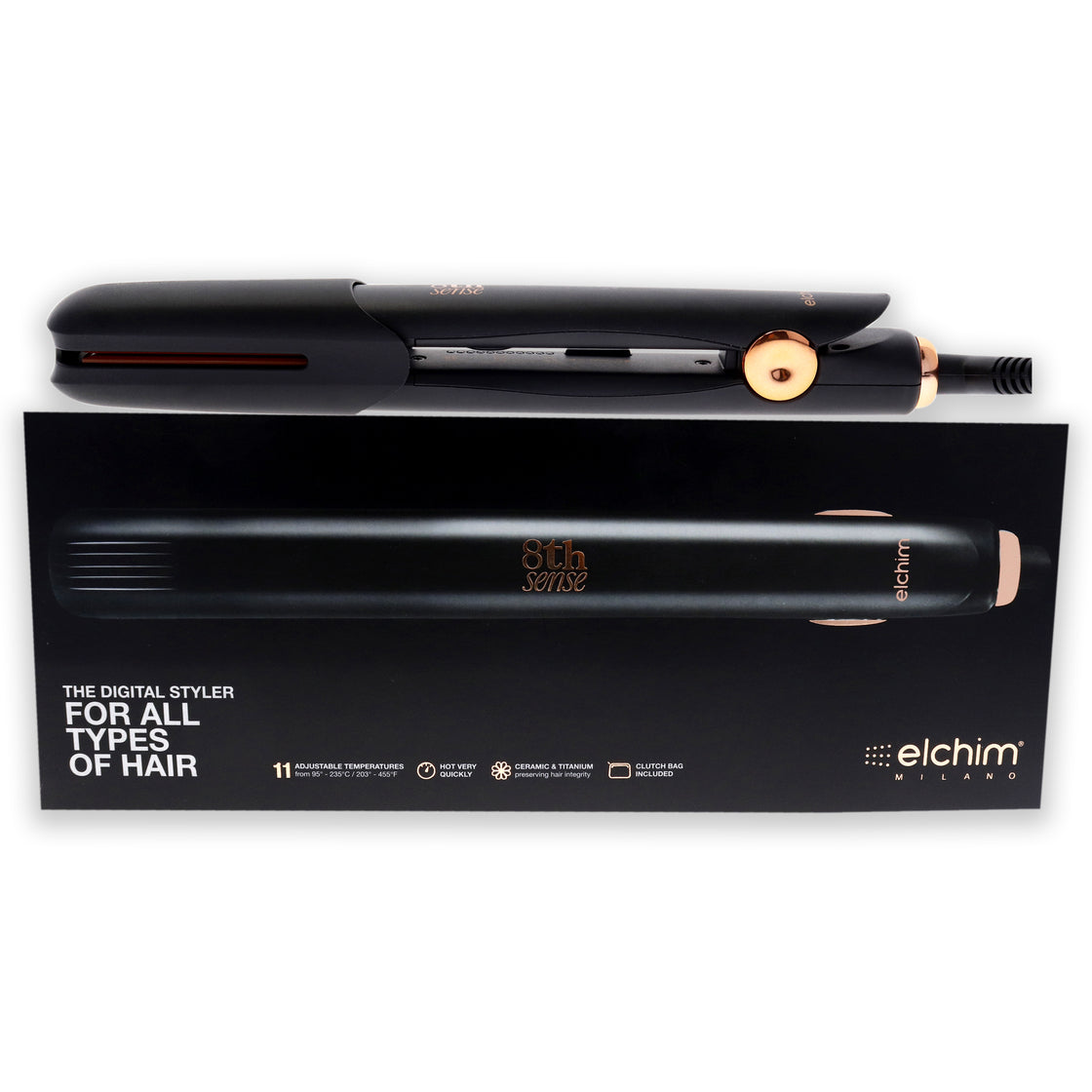 8th Sense Styler Flat Iron - Black by Elchim for Unisex - 2 Pc 1 Inch Flat Iron, Clutch Bag