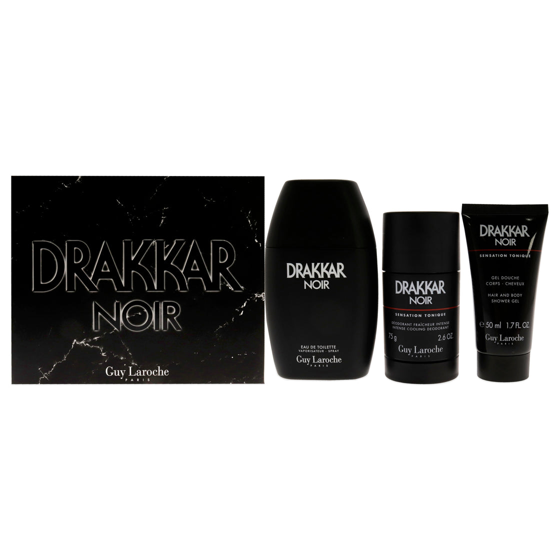 Drakkar Noir by Guy Laroche for Men - 3 Pc Gift Set - 3.4oz EDT Spray, 2.6oz Deodorant Stick, 1.7oz Shower Gel