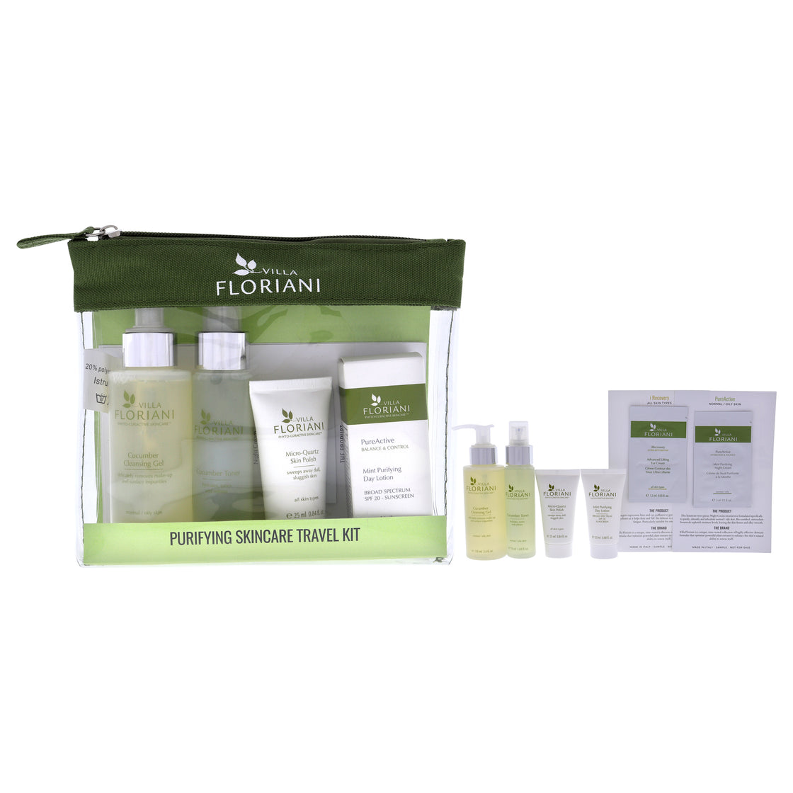 Purifying Skincare Travel Kit by Villa Floriani for Women - 6 Pc 3.4oz Cucumber Cleansing Gel,1.69oz Cucumber Toner, 0.05oz Advanced Lifting Eye Cream,0.68oz Mint Purifying Day Lotion SPF20,0.84oz Micro-Quartz Skin Polish,0.1oz Mint Purifying Night Cream