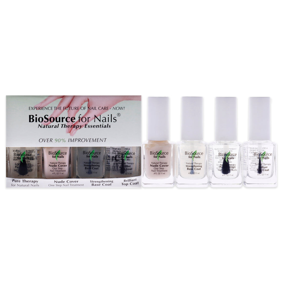 Natural Therapy Essentials Kit by BioSource for Women - 4 Pc Kit 0.4 oz Pure Therapy, 0.4 oz Nude Cover, 0.4 oz Strengthening Base Coat, 0.4 oz Brilliant Top Coat