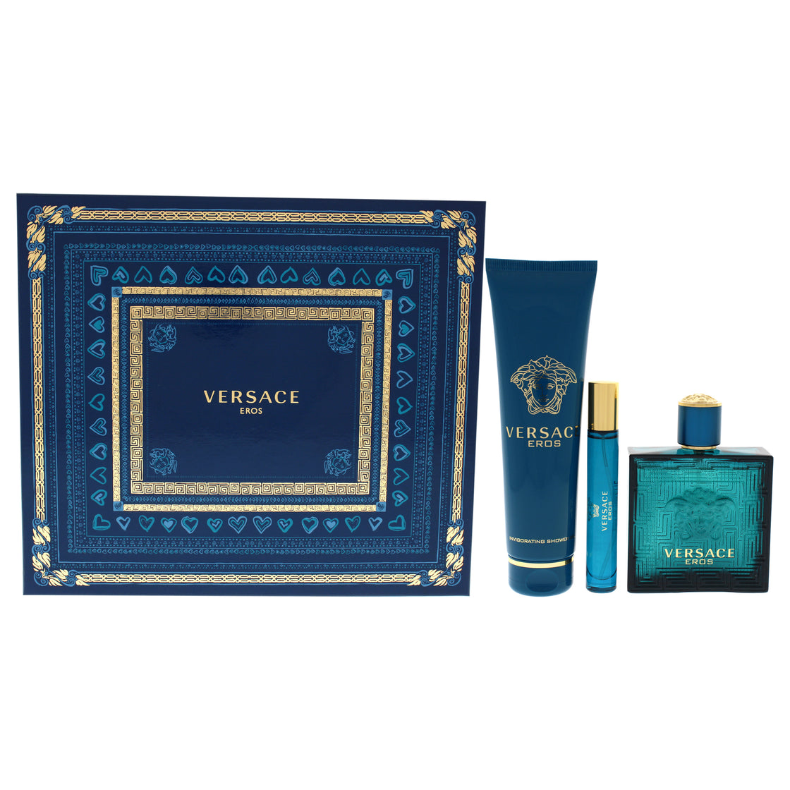 Versace Eros by Versace for Men - 3 Pc Gift Set 3.4oz EDT Spray, 0.3oz EDT Spray, 5.0oz Invigorating Shower Gel