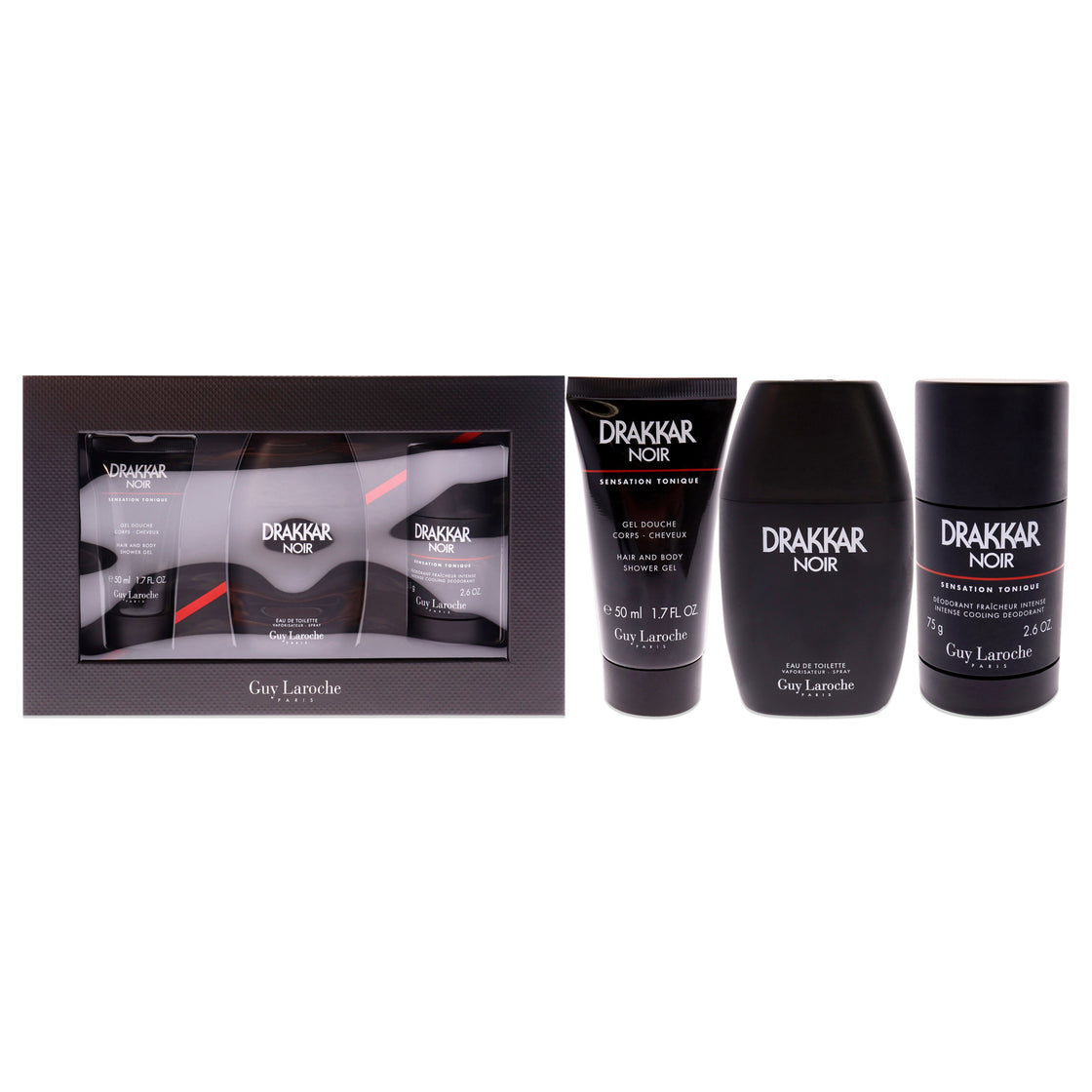 Drakkar Noir - 2021 by Guy Laroche for Men - 3 Pc Gift Set - 3.4oz EDT Spray, 2.6oz Deodorant Stick, 1.7oz Shower Gel