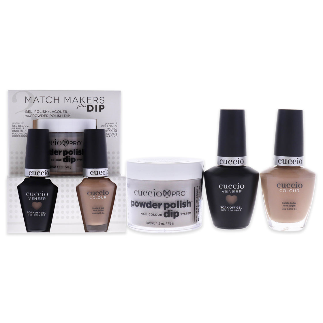 Match Makers Plus Dip - See You Latte by Cuccio Colour for Women - 3 Pc 1.6oz Pro Powder Polish Dip System, 0.44oz Veneer Soak Off Gel, 0.43oz Colour Nail Polish