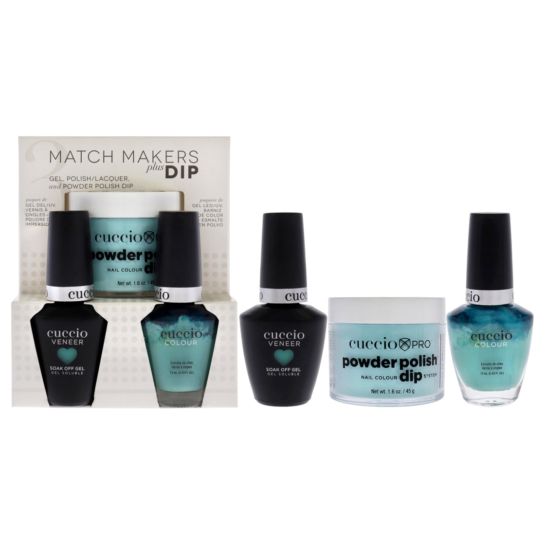 Match Makers Plus Dip - Aquaholic by Cuccio Colour for Women - 3 Pc 1.6oz Pro Powder Polish Dip System, 0.44oz Veneer Soak Off Gel, 0.43oz Colour Nail Polish