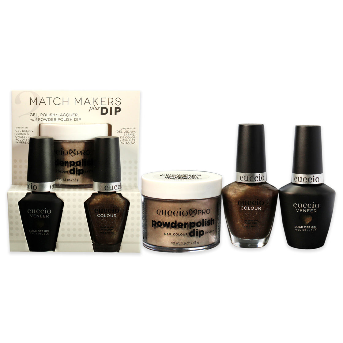 Match Makers Plus Dip - Nature Nature by Cuccio Colour for Women - 3 Pc 1.6oz Pro Powder Polish Dip System, 0.44oz Veneer Soak Off Gel, 0.43oz Colour Nail Polish