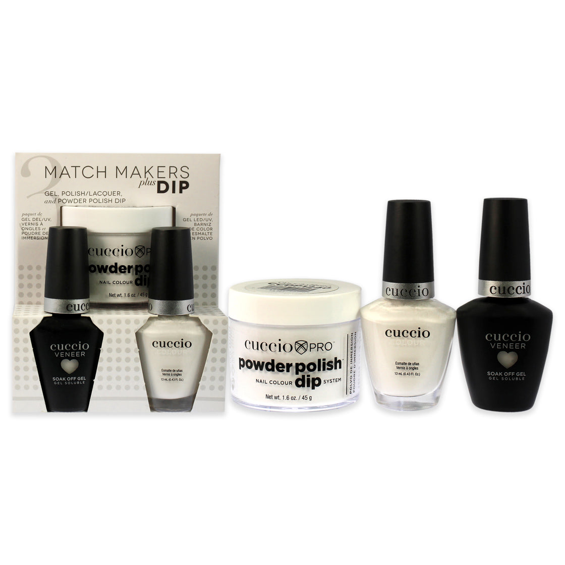 Match Makers Plus Dip - Flirt by Cuccio Colour for Women - 3 Pc 1.6oz Pro Powder Polish Dip System, 0.44oz Veneer Soak Off Gel, 0.43oz Colour Nail Polish