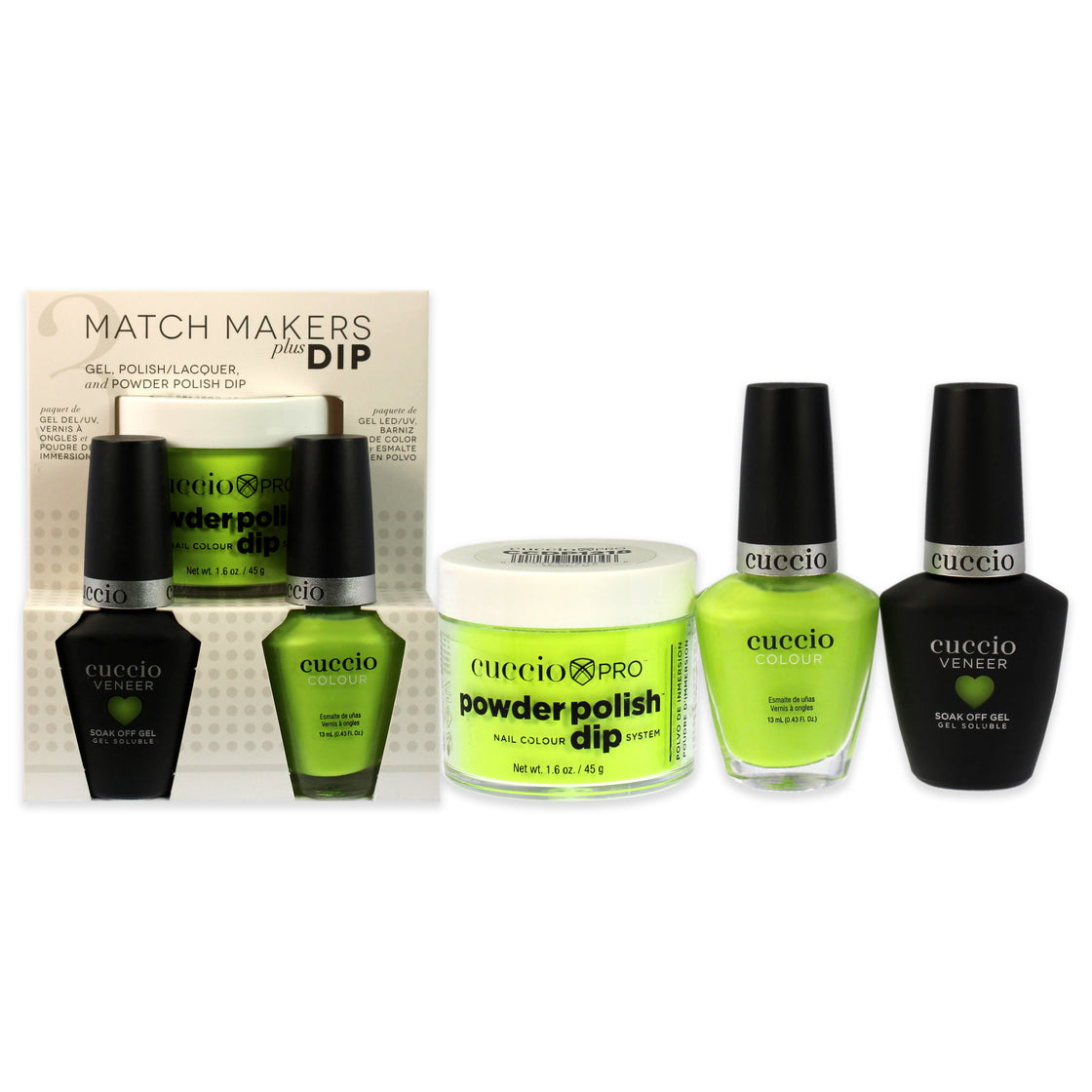 Match Makers Plus Dip - Wow The World by Cuccio Colour for Women - 3 Pc 1.6oz Pro Powder Polish Dip System, 0.44oz Veneer Soak Off Gel, 0.43oz Colour Nail Polish