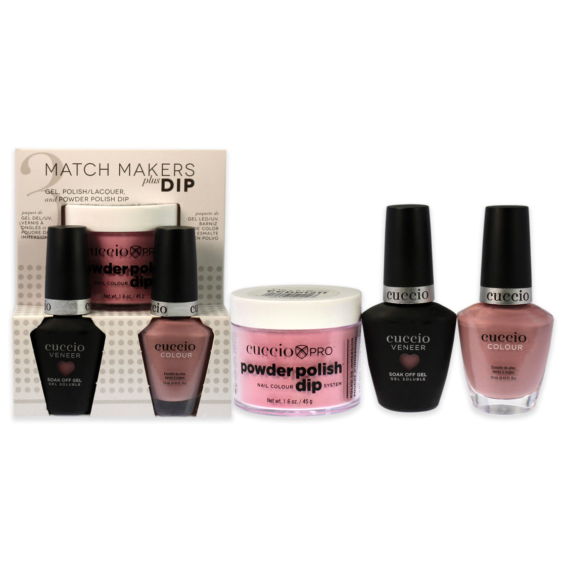 Match Makers Plus Dip - On Pointe by Cuccio Colour for Women - 3 Pc 1.6oz Pro Powder Polish Dip System, 0.44oz Veneer Soak Off Gel, 0.43oz Colour Nail Polish