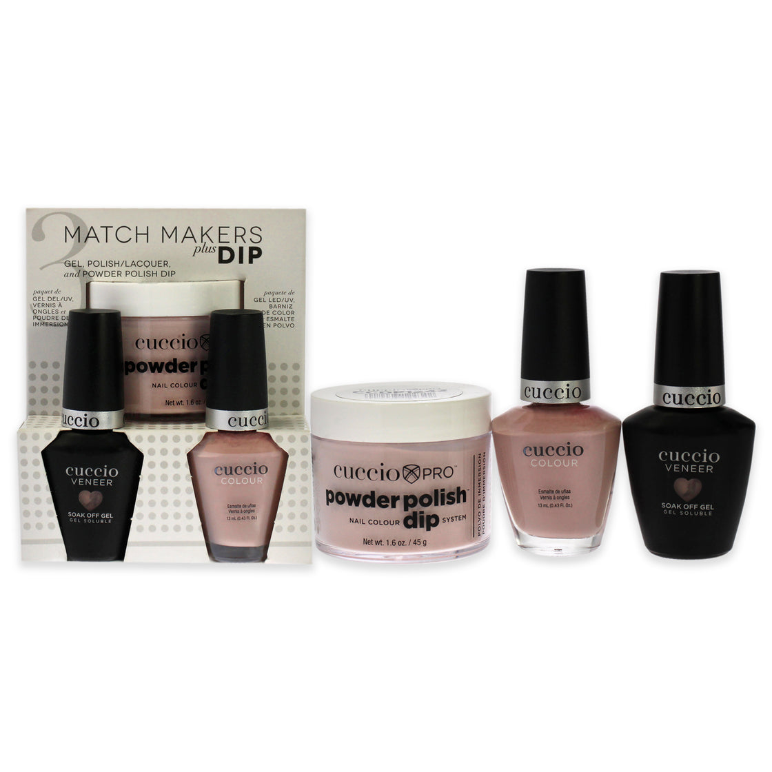 Match Makers Plus Dip - Wink by Cuccio Colour for Women - 3 Pc 1.6oz Pro Powder Polish Dip System, 0.44oz Veneer Soak Off Gel, 0.43oz Colour Nail Polish