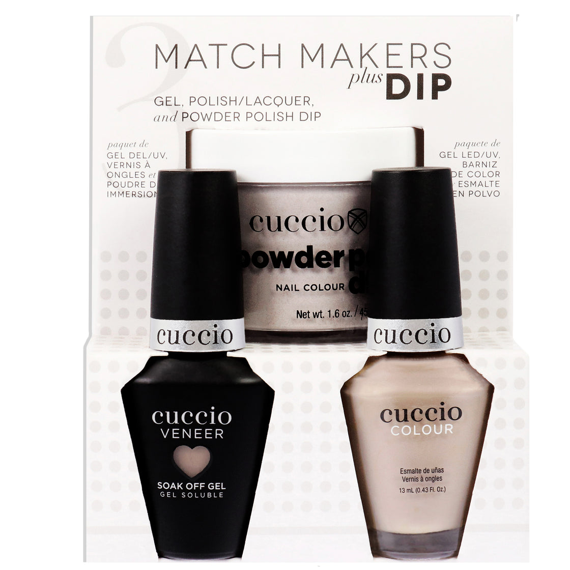 Match Makers Plus Dip - Pug-Get About It by Cuccio Colour for Women - 3 Pc 1.6oz Pro Powder Polish Dip System, 0.44oz Veneer Soak Off Gel, 0.43oz Colour Nail Polish