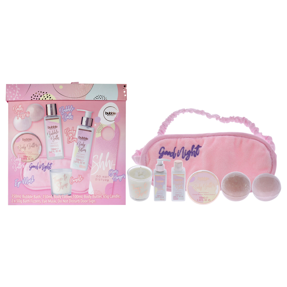 Bubble Boutique Set by Style and Grace for Women - 8 Pc Set 5.07oz Bubble Bath, 5.07oz Body Lotion, 3.38oz Body Buttter, 2.29oz Candle, 2 x 1.76oz Bath Fizzers, Eye Mask, Door Hanger