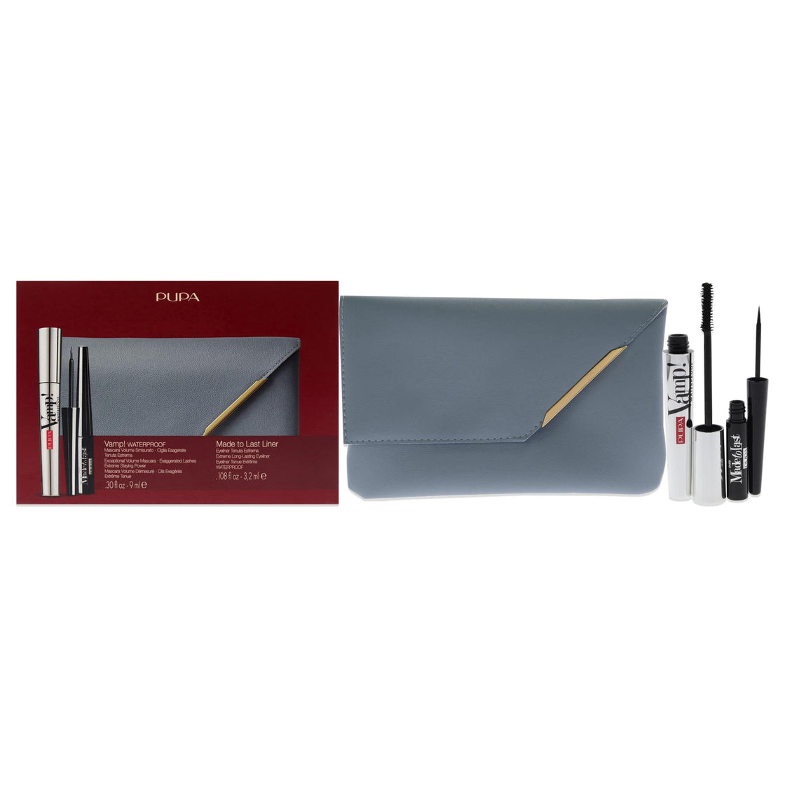 Vamp! Mascara Waterproof and Made to Last Liner Set by Pupa Milano for Women - 3 Pc 0.30oz Vamp! Mascara Waterproof - 001 Black, 0.108oz Made to Last Liner - 001 Black, Handy Bag