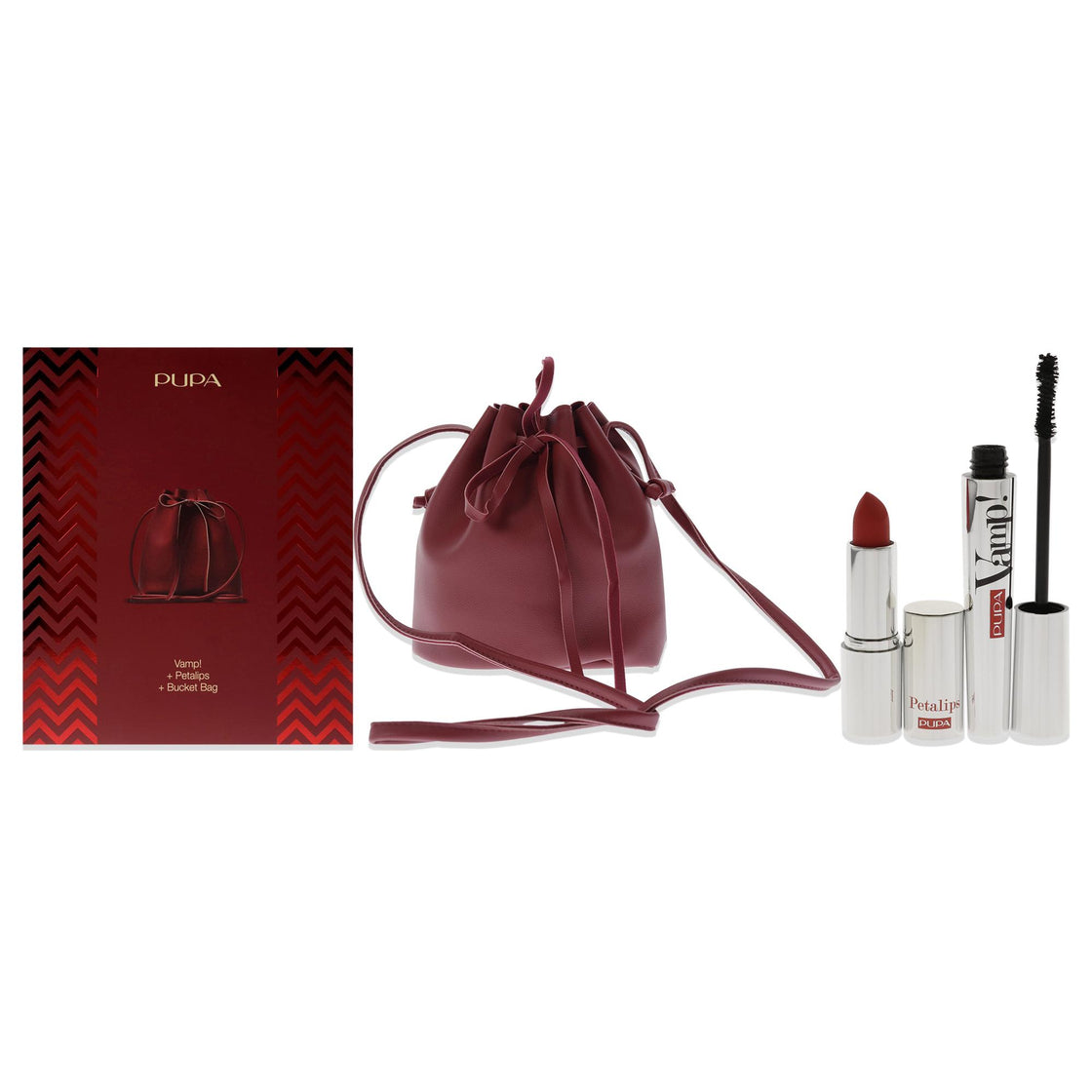 Vamp! Mascara and Petalips Set by Pupa Milano for Women - 3 Pc 0.32oz Vamp! Mascara - 100 Black, 0.123oz Lipstick - 015, Bucket Bag