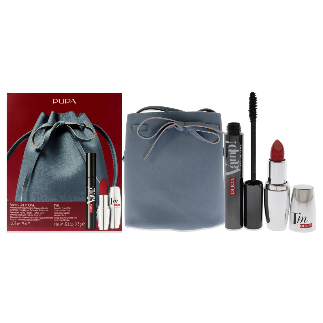 Vamp! All In One and I Am Set by Pupa Milano for Women - 3 Pc 0.30oz amp! All In One Mascara - 101 Black, 0.123oz Lipstick - 303, Bucket Bag