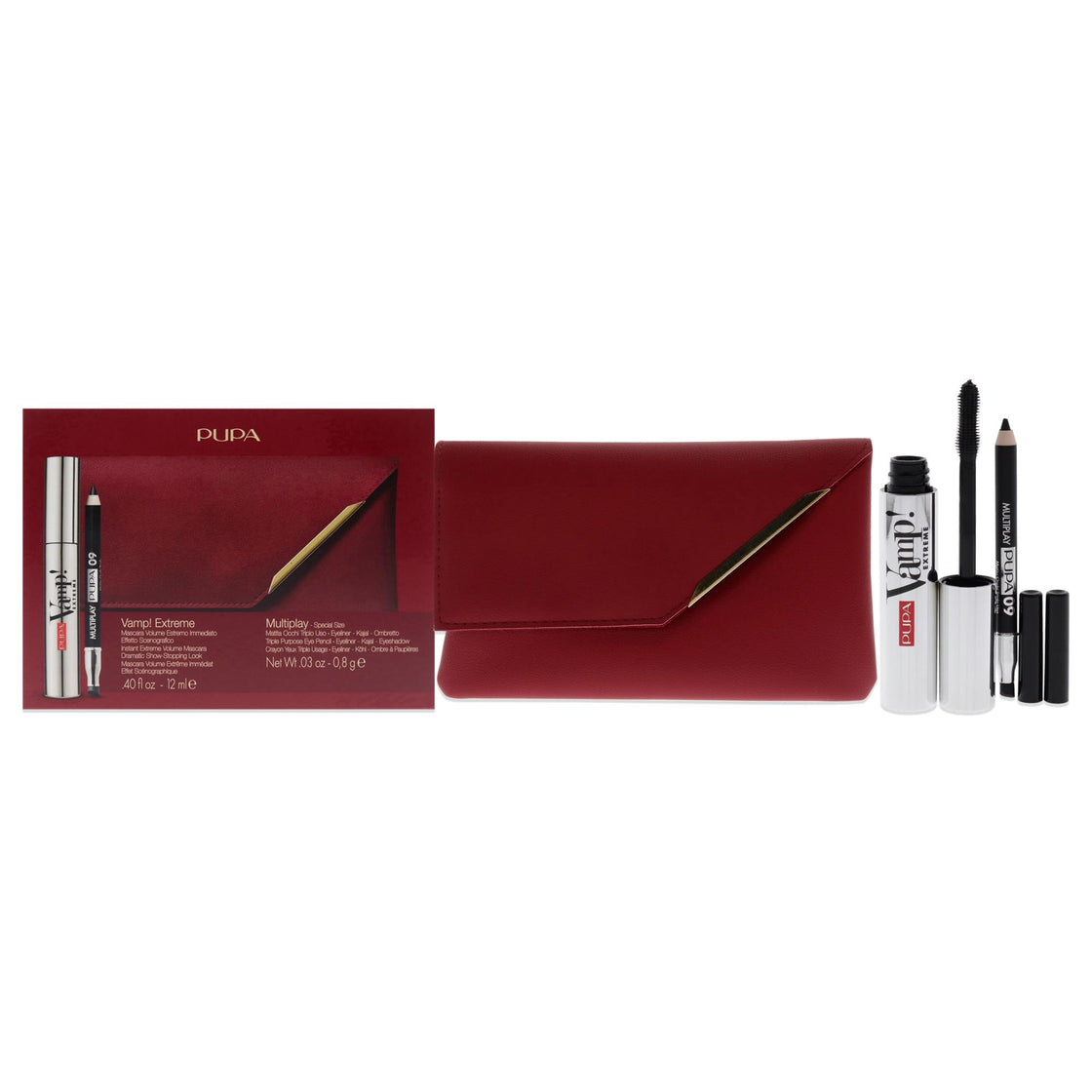 Vamp! Extreme and Multiply Set by Pupa Milano for Women - 3 Pc 0.40oz Vamp! Extreme Mascara - 010 Black, 0.03oz Multiplay Eye Pencil - 09 Black, Wallet