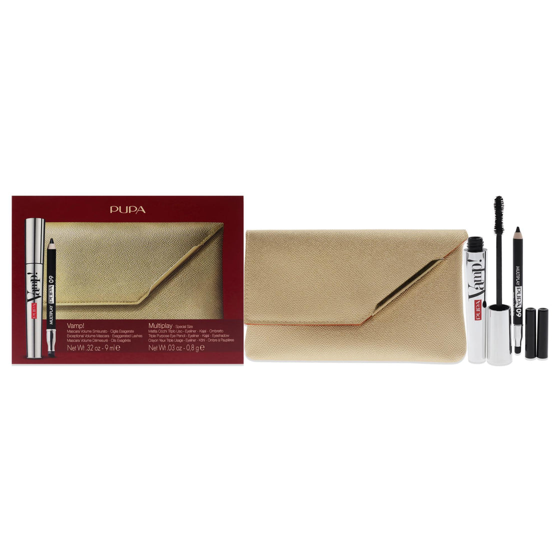 Vamp! and Multiply Set by Pupa Milano for Women - 3 Pc 0.32oz Vamp! Mascara - 100 Black, 0.03oz Multiplay Eye Pencil - 09 Black, Wallet