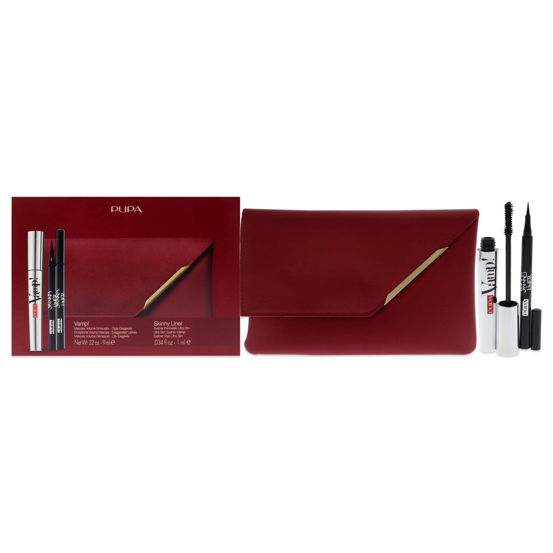 Vamp! and Skinny Liner Set by Pupa Milano for Women - 3 Pc 0.32oz Vamp! Mascara - 100 Black, 0.034oz Skinny Liner, Handy Bag