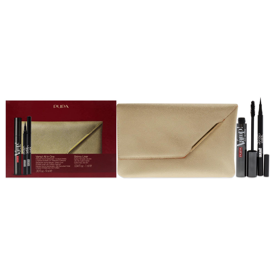 Vamp! All in One and Skinny Liner Set by Pupa Milano for Women - 3 Pc 0.30oz Vamp! All in One Mascara - 101 Black, 0.034oz Skinny Liner, Handy Bag