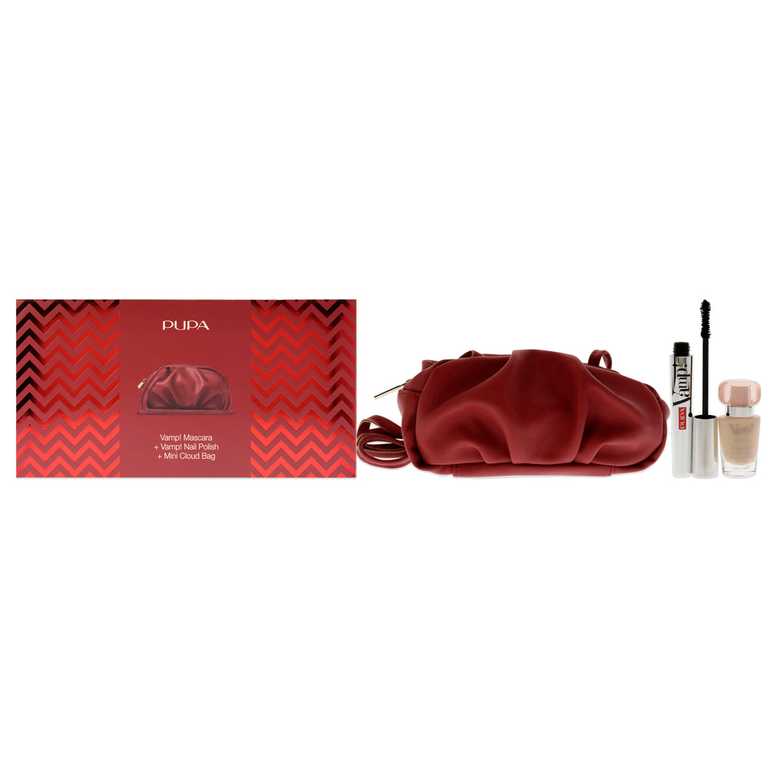 Vamp! Mascara and Vamp! Nail Polish Set by Pupa Milano for Women - 3 Pc 0.32oz Vamp! Mascara - 100 Black, 0.3oz Nail Polish - 102 Femenine Pink, Mini Cloud Bag