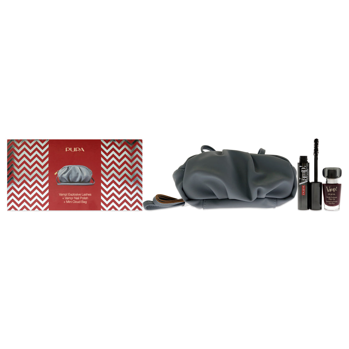 Vamp! Explosive Lashes and Vamp! Nail Polish Set by Pupa Milano for Women - 3 Pc 0.40oz Vamp! Explosive Lashes Mascara - 110 Black, 0.3oz Nail Polish - 304 Intrepid Red Black, Mini Cloud Bag