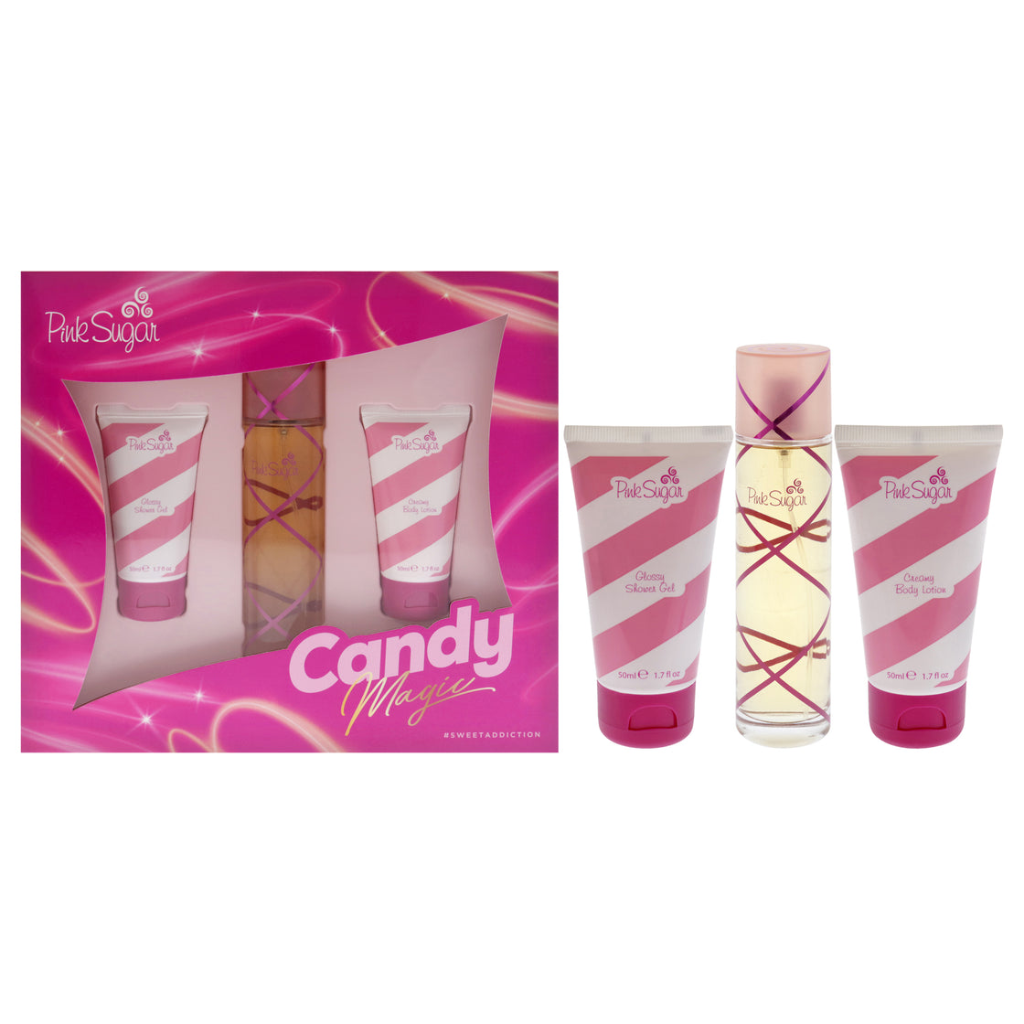 Pink Sugar Candy Magic by Aquolina for Women - 3 Pc Gift Set 3.4oz EDT Spray, 1.7oz Glossy Shower Gel, 1.7oz Creamy Body Lotion