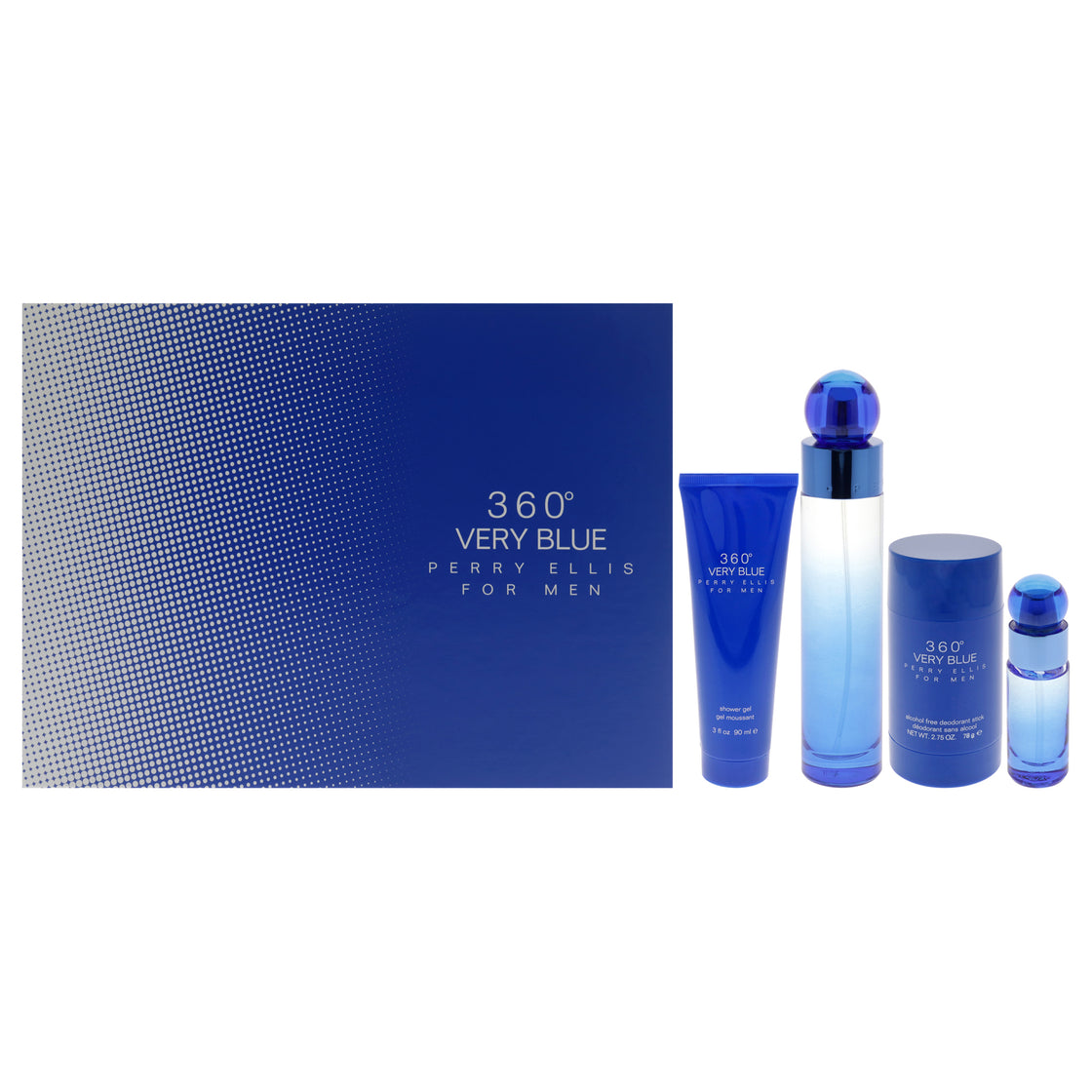 360 Very Blue by Perry Ellis for Men - 4 Pc Gift Set 3.4oz EDT Spray, 0.25oz EDT Spray, 2.75oz Deodorant Stick Plus, 3oz Shower Gel