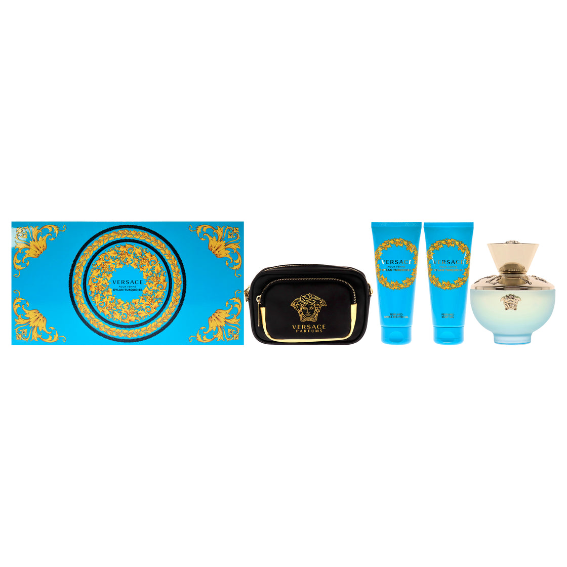 Dylan Turquoise by Versace for Women - 4 Pc Gift Set 3.4oz EDT Spray, 3.4oz Perfumed Body Gel, 3.4oz Perfumed Bath and Shower Gel, Pouch