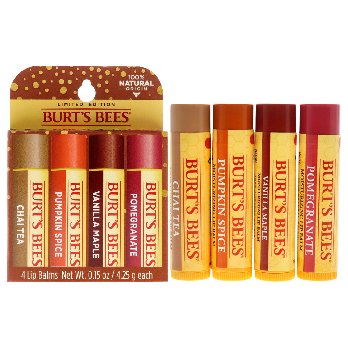 Fall Lip Balm Kit by Burts Bees for Unisex - 4 x 0.15 oz 2021 - Lip Balm Chai, Pumpkin Spice,Vanilla Maple,Pomegranate