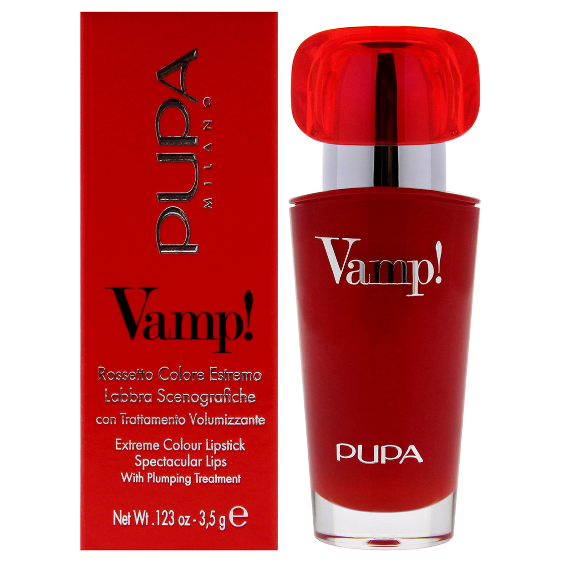 Vamp! Extreme Colour Lipstick with Plumping Treatment - 302 Ruby Red by Pupa Milano for Women - 0.123 oz Lipstick