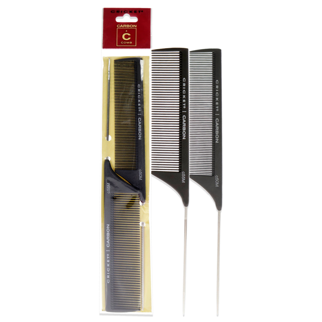 Carbon Comb Duo Set by Cricket for Unisex - 2 Pc Set 1pc Seamless Fine Tooth Pattern Metal Rattail Comb -  C50M , 1pc Seamless Medium Tooth Pattern Metal Rattail Comb - C55M