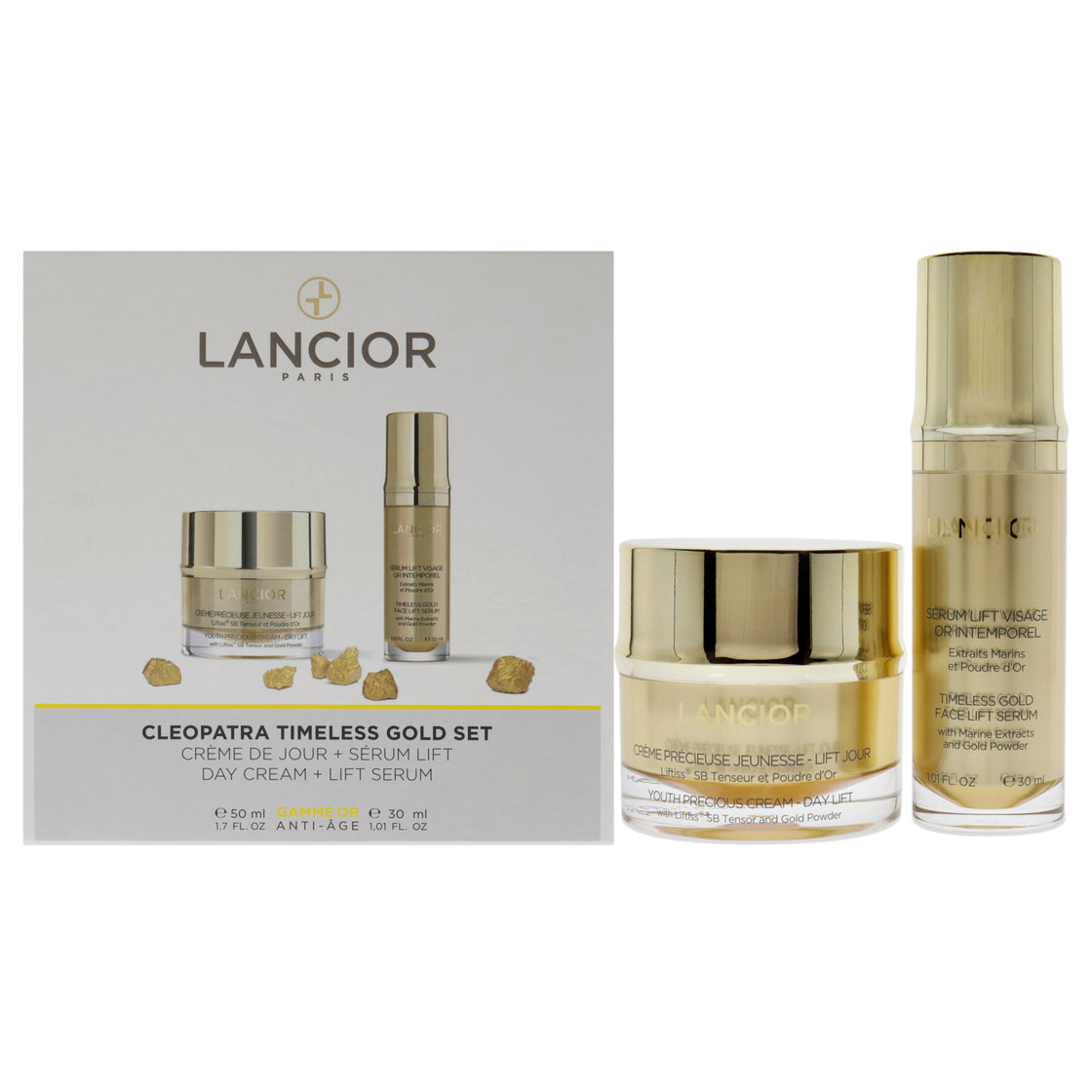 Timeless Gold Cleopatra Set by Lancior for Unisex - 2 Pc 1.7oz Youth Precious Cream - Day Lift, 1oz Timeless Gold Face Lift Serum