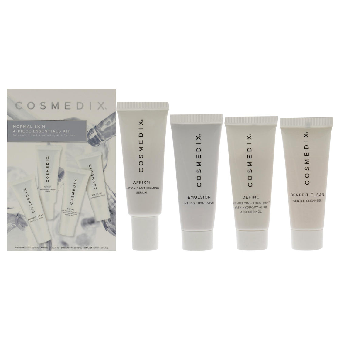 Normal Skin Essentials Kit by Cosmedix for Unisex - 4 Pc 0.5oz Benefit Clean, 0.5oz Affirm, 0.5oz Define, 0.5oz Emulsion