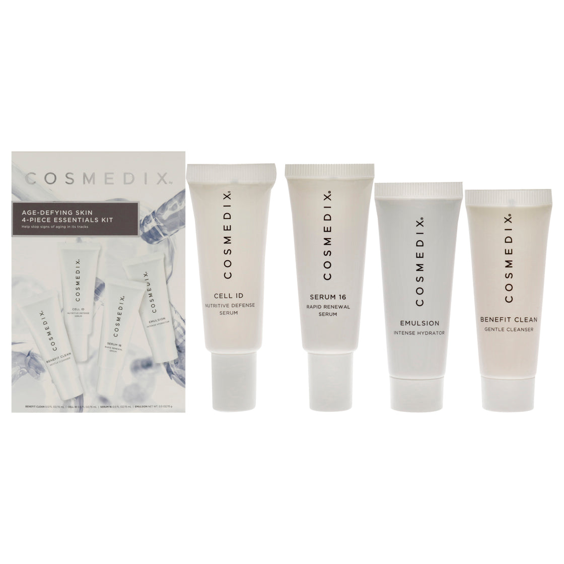 Age-Defying Skin Essentials Kit by Cosmedix for Unisex - 4 Pc 0.5oz Benefit Clean, 0.5oz Cell ID, 0.5oz Serum 16, 0.5oz Emulsion