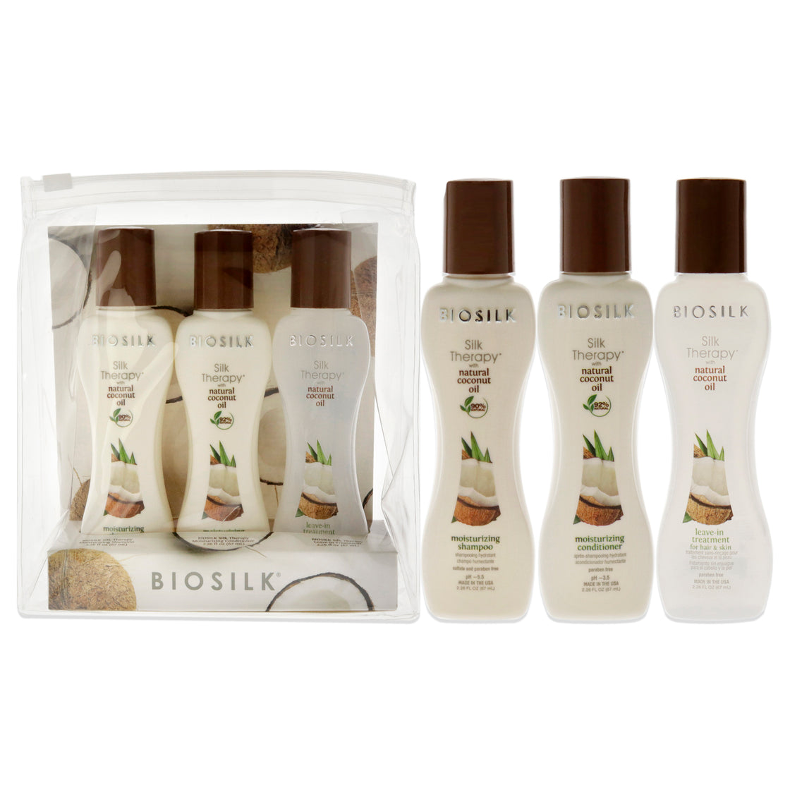 Silk Therapy With Natural Coconut Oil Set by Biosilk for Unisex - 3 Pc 2.26oz Moisturizing Shampoo, 2.26oz Moisturizing Conditioner, 2.26oz Leave-In Treatment