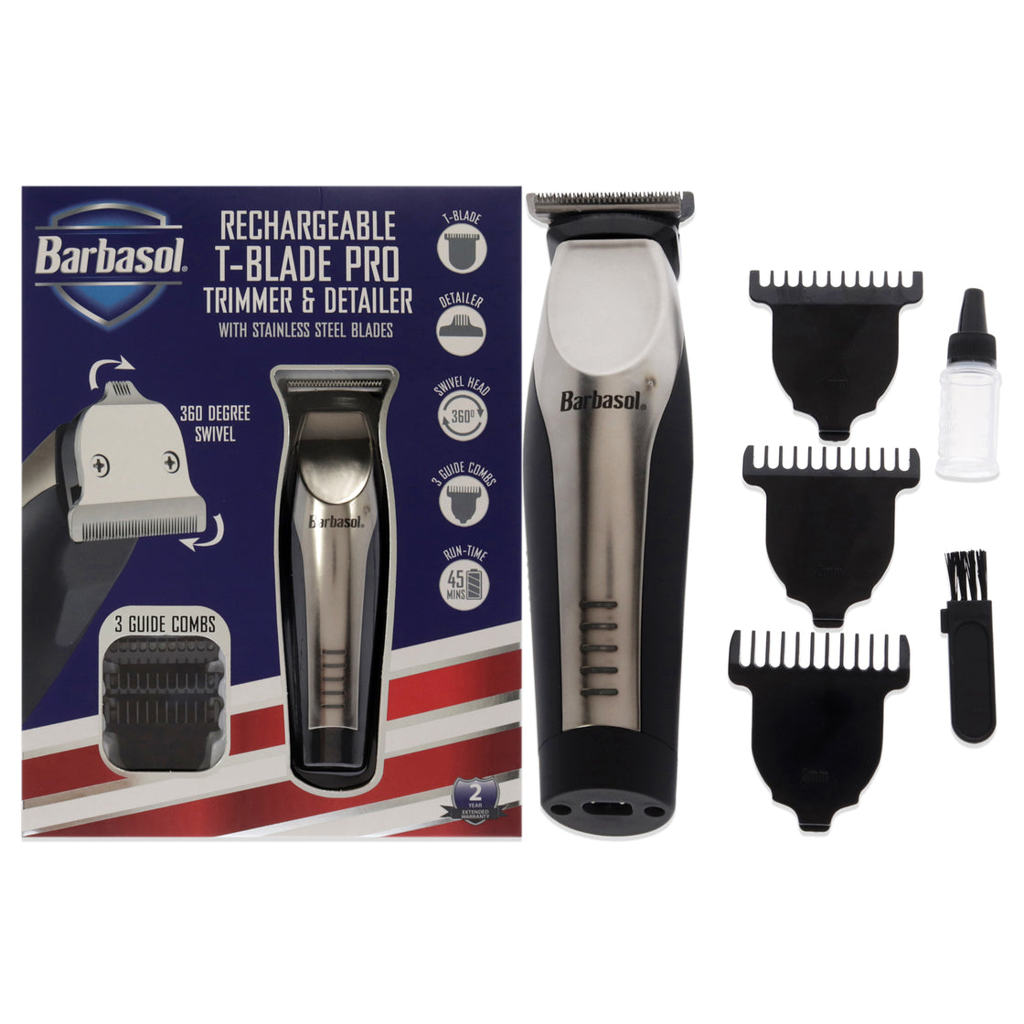 Rechargeable T-Blade Pro Trimmer and Detailer by Barbasol for Men - 8 Pc T-Blade, Trimmer, 3 Guide Combs, Detailer, Cleansing Brush, Oil