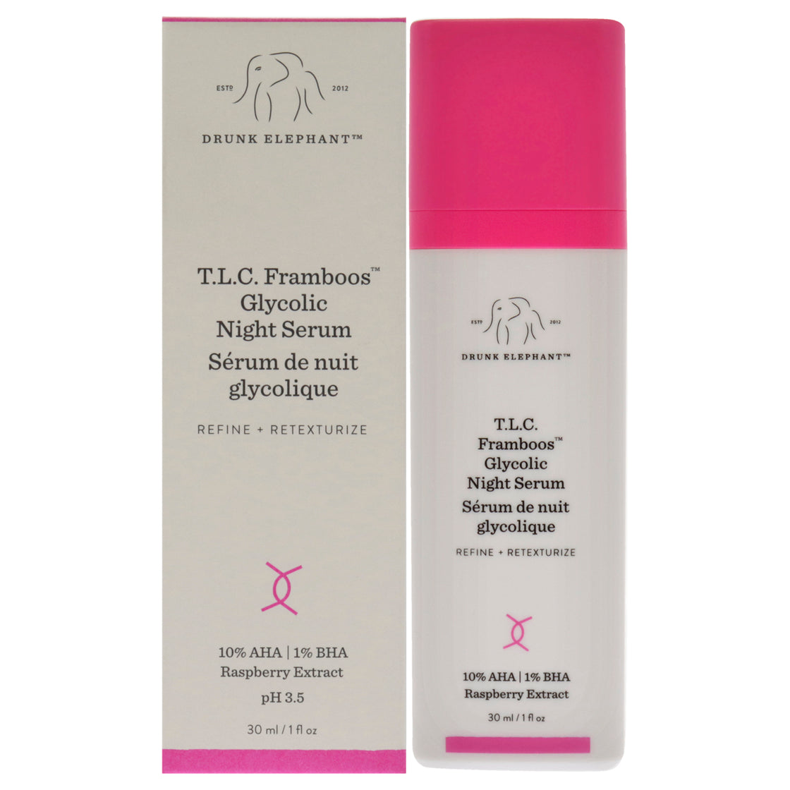 T.L.C. Framboos Glycolic Night Serum by Drunk Elephant for Unisex - 1 oz Serum