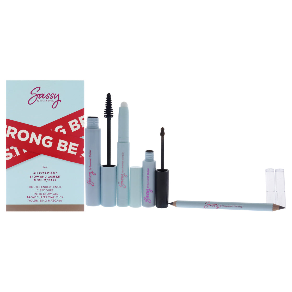 Breakup Collection All Eyes on me Brow and Lash Kit - Medium-Dark by Sassy by Savannah Chrisley for Women - 6 Pc Volumizing Mascara, Brow Shaper Wax Stick, Tinted Brow Gel, 2 Pc Resuable Spoolies, Double-ended Pencil