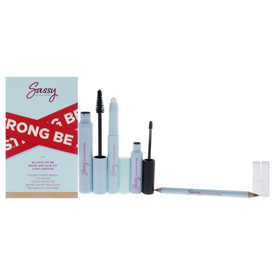 Breakup Collection All Eyes on me Brow and Lash Kit - Light-Medium by Sassy by Savannah Chrisley for Women - 6 Pc Volumizing Mascara, Brow Shaper Wax Stick, Tinted Brow Gel, 2 Pc Resuable Spoolies, Double-ended Pencil