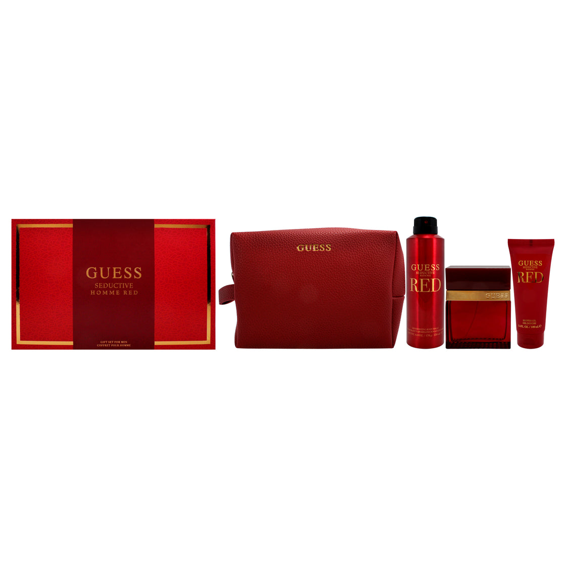 Guess Seductive Red by Guess for Men - 4 Pc Gift Set 3.4oz EDT Spray, 6oz Body Spray, 3.4oz Shower Gel, Pouch