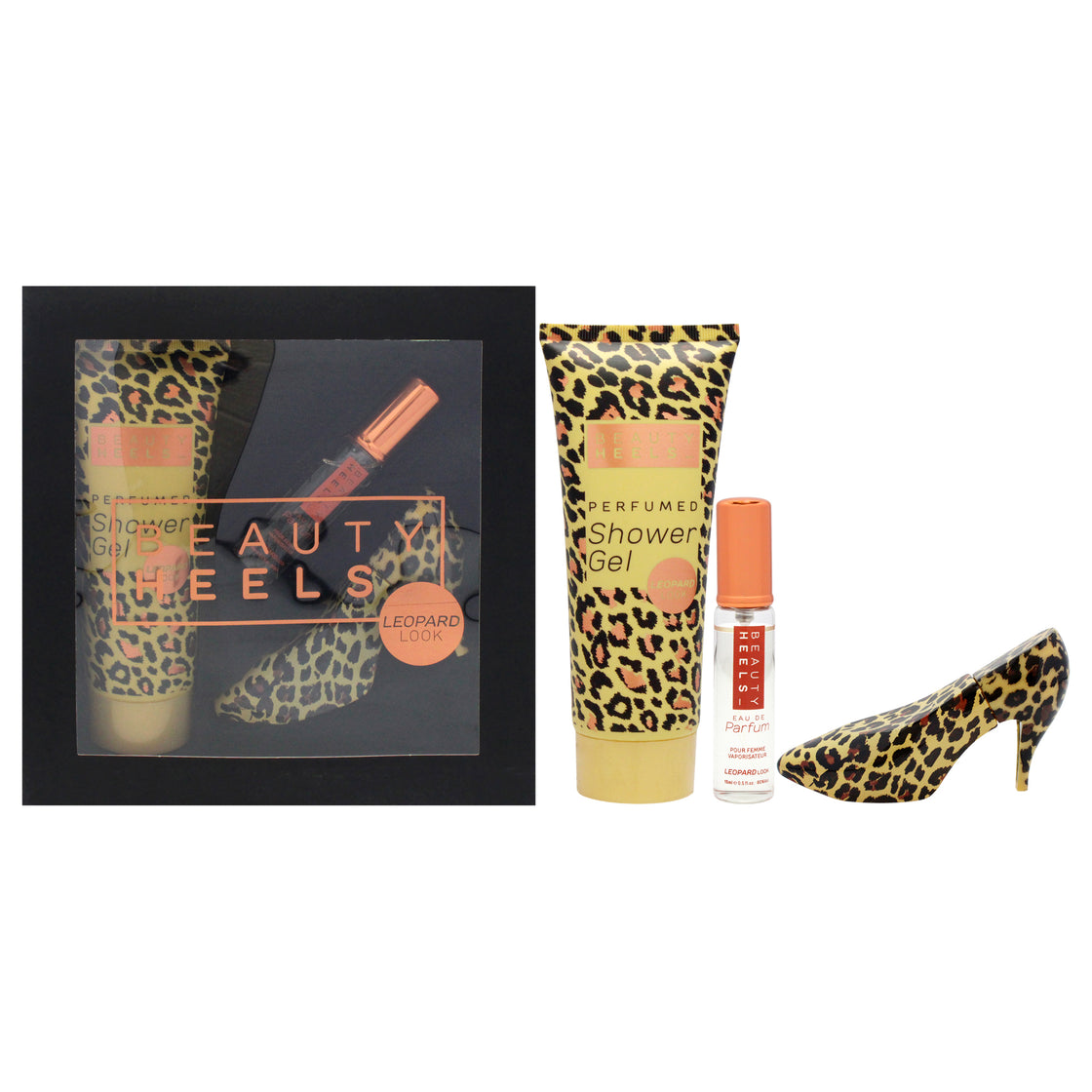 Beauty Heels Leopard Edition by Glamour and Heels for Women - 3 Pc Gift Set 1oz EDP Spray, 0.51oz EDP Spray, 4oz Shower Gel