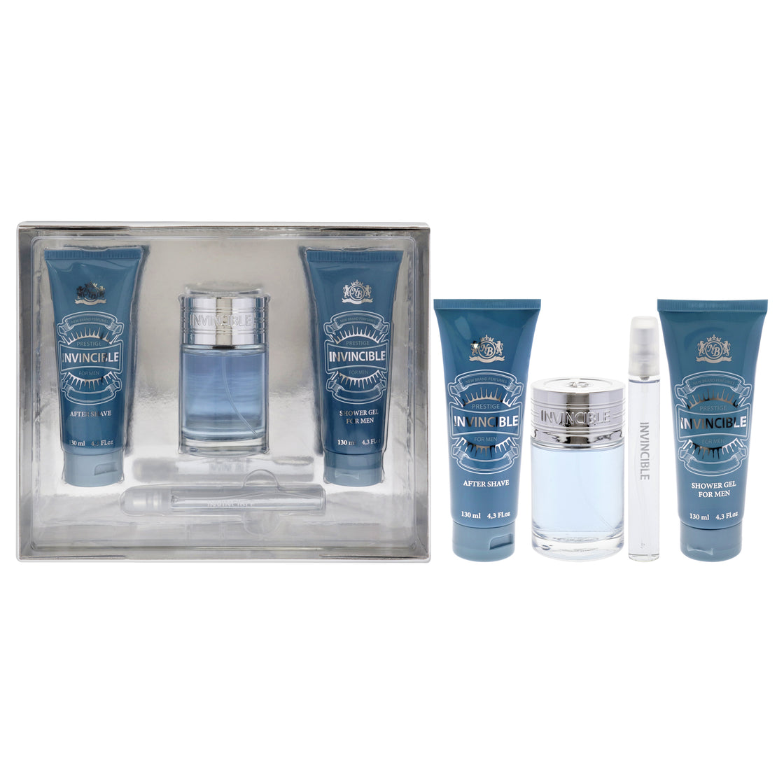 Invincible by New Brand for Men - 4 Pc Gift Set 3.3oz EDT Spray, 0.5oz EDT Spray, 4.3oz After Shave, 4.3oz Shower Gel