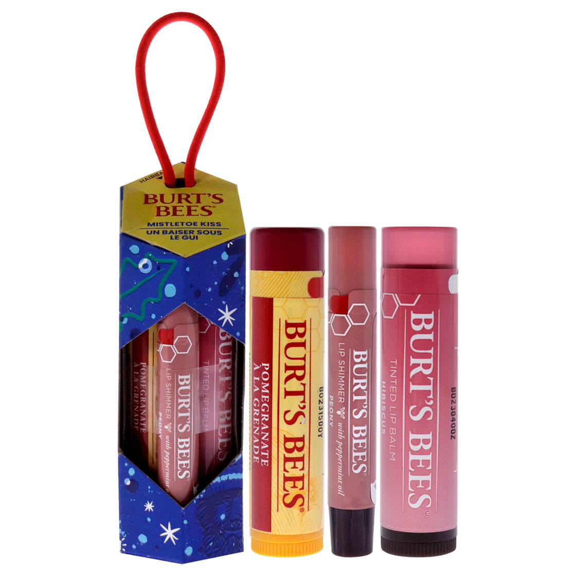 Mistletoe Kiss Gift 2023 - Pink by Burts Bees for Women - 3 Pc 0.15oz Pomegranate Lip Balm, 0.09oz Peony Lip Shimmer, 0.15oz Hibiscus Tinted Lip Balm