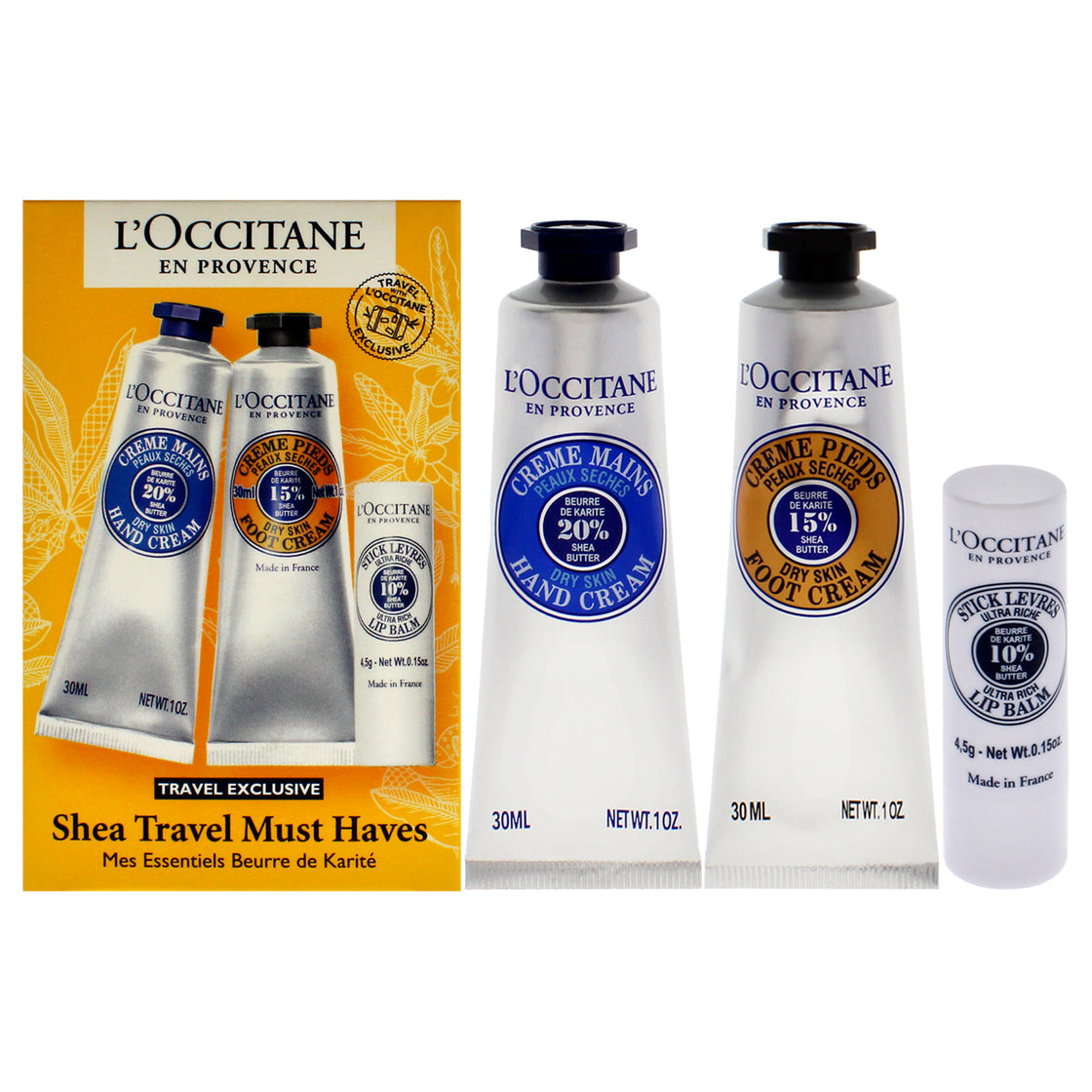 Shea Travel Must Haves Set by LOccitane for Unisex - 3 Pc 1oz Shea Dry Skin Hand Cream, 1oz Shea Dry Skin Foot Cream, 0.15oz Shea Butter Ultra Rich Lip Balm