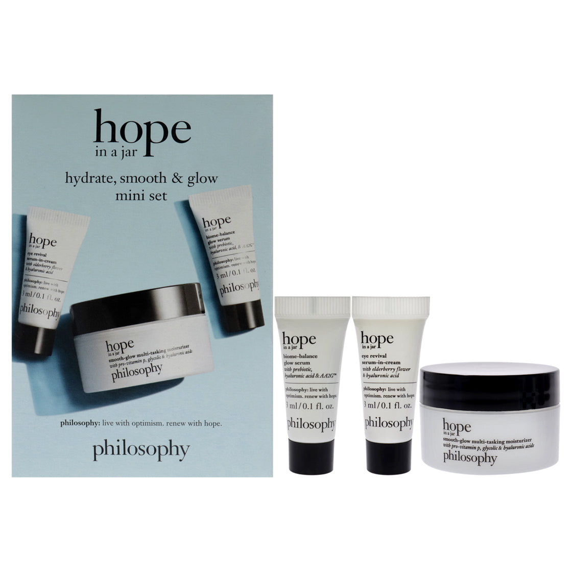 Hope In A Jar Hydrate Smooth and Glow Mini Set by Philosophy for Unisex - 3 Pc 0.5oz Smooth-Glow Multi-Tasking Moisturizer, 0.1oz Eye Revival Serum-in-Cream, 0.1oz Biome-Balance Glow Serum